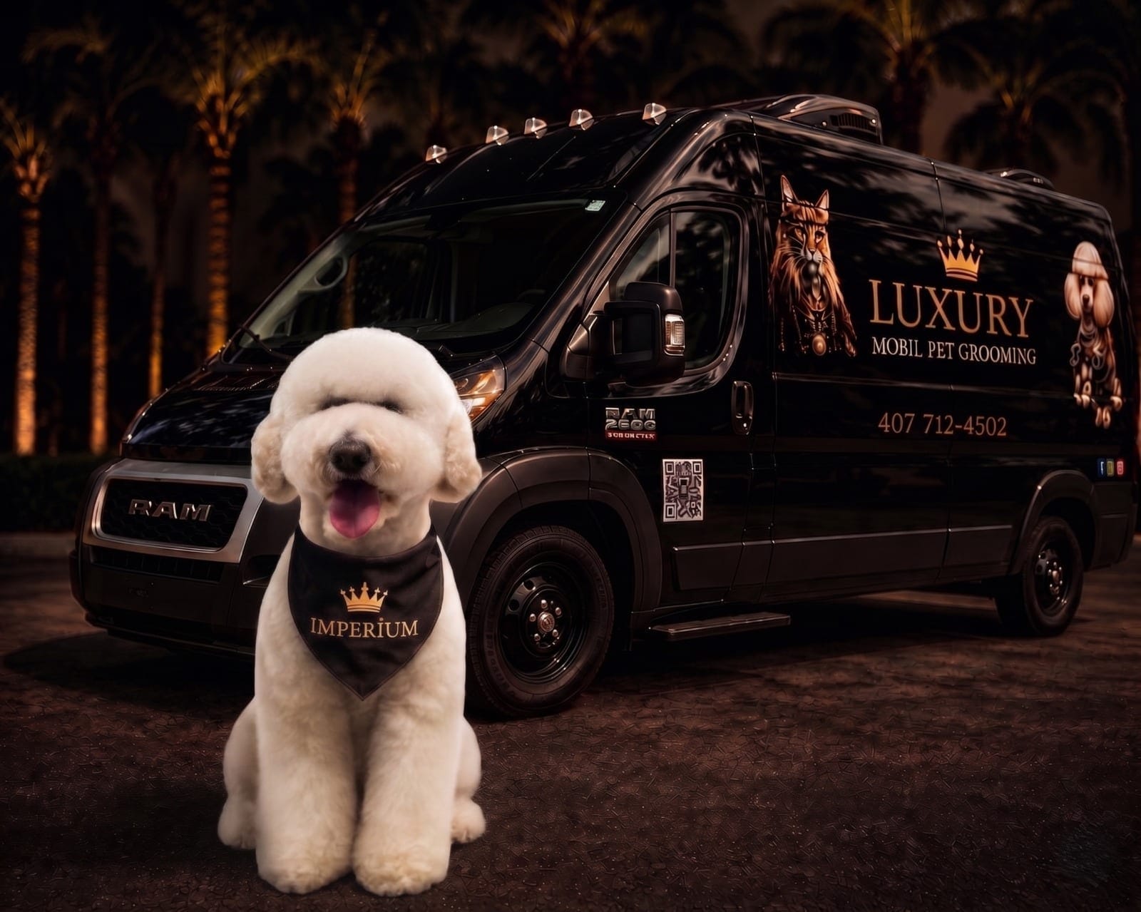 Imperium groomer holding a pampered white dog inside the luxury mobile pet spa